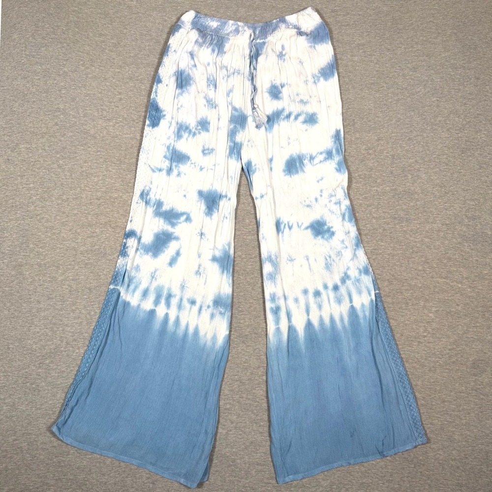 Kiwi & Punch Blue White Tie Dye Wide Leg Boho Pants Crochet Trim Womens Medium